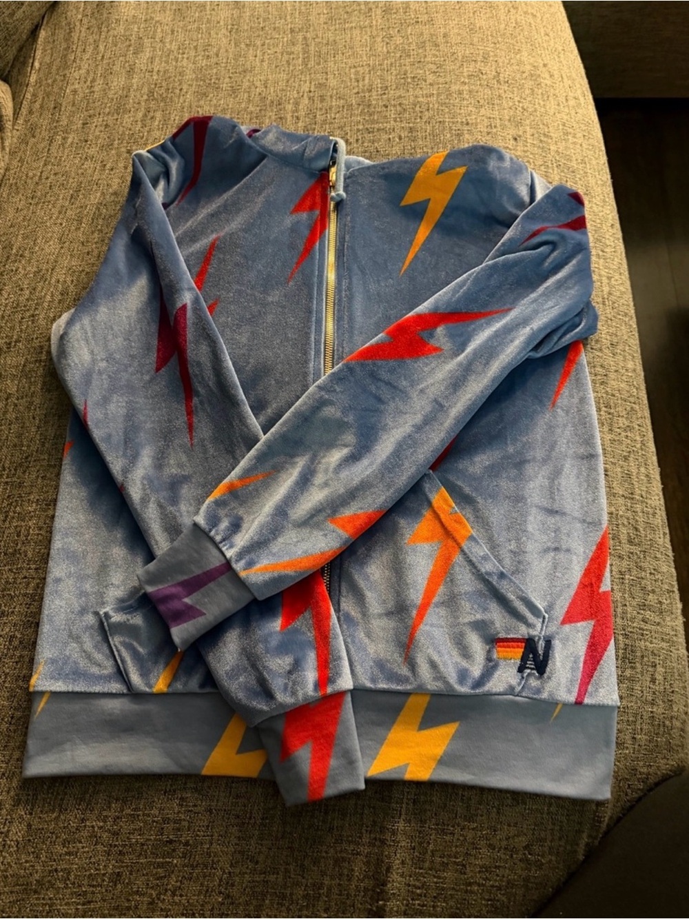 Aviator Nation Powder Blue Lightning Velvet Zip Up